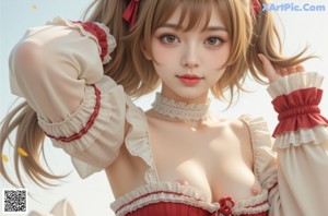 A woman in a red and white dress posing for a picture.