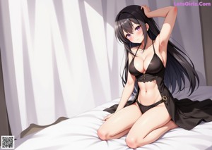 A woman with long black hair laying on a bed.