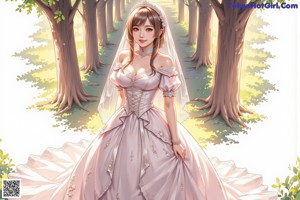 A woman in a wedding dress standing in the woods.