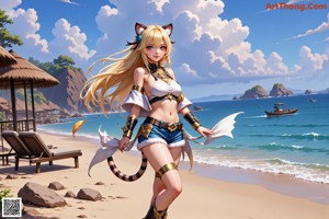 A woman in a bikini with a cat ears on her head.