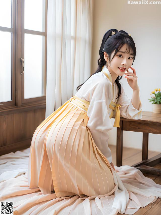 A woman in a yellow and white hanbok sitting on a bed.