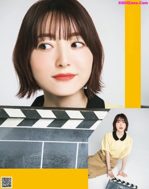 A woman holding a clapper board in front of a yellow background.