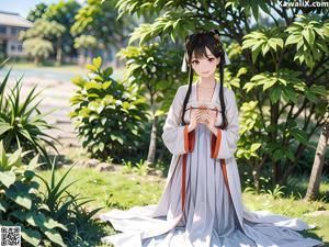 A woman in a white kimono standing in front of a window.