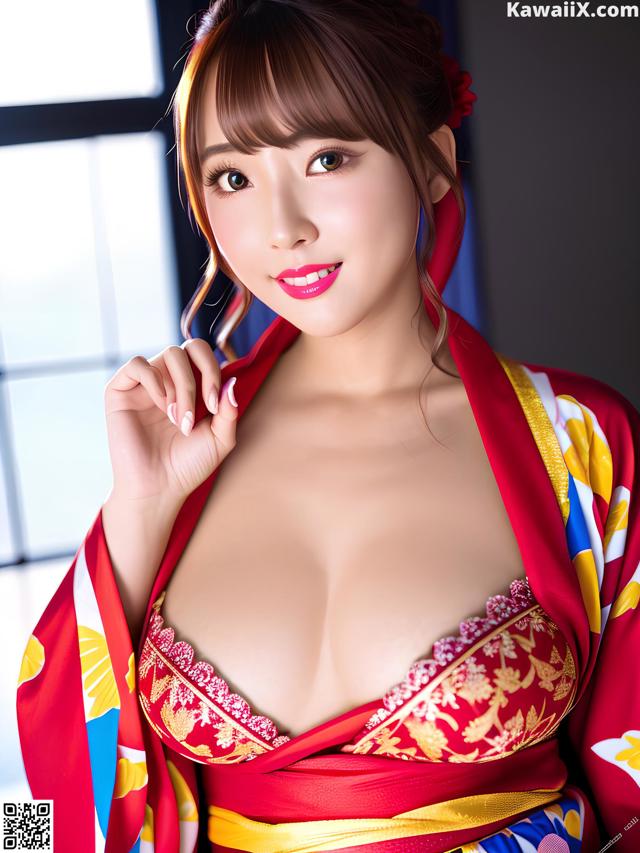 A woman in a red and yellow kimono posing for a picture.