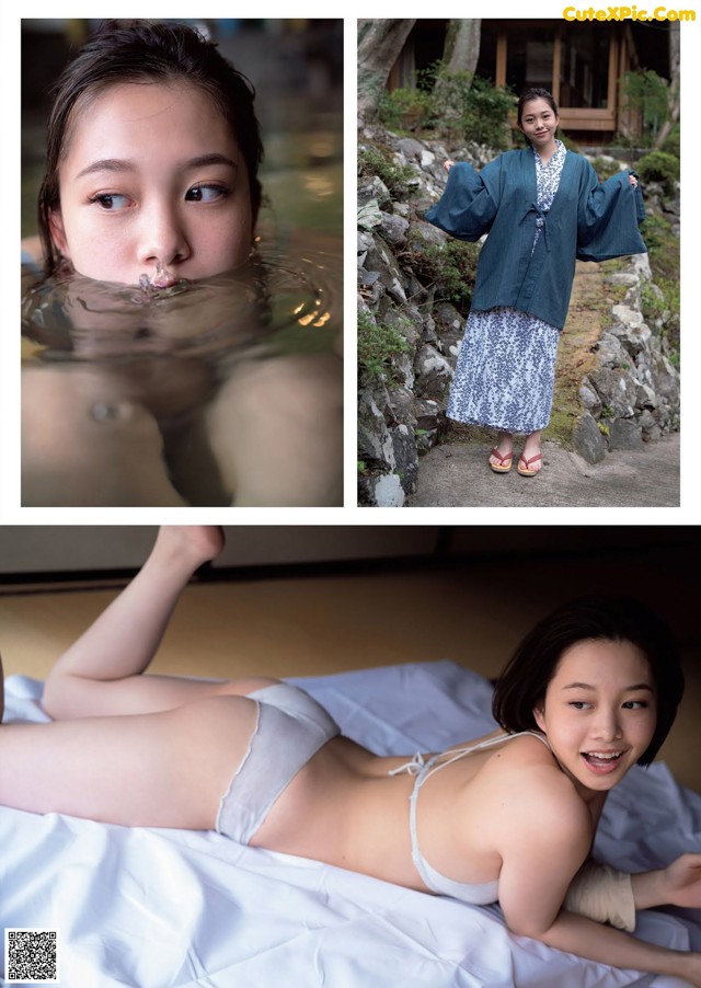 A woman in a blue kimono is laying on a bed.