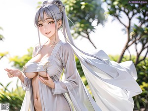 A woman in a long dress standing in a park.