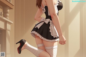 A woman in a maid outfit posing for a picture.