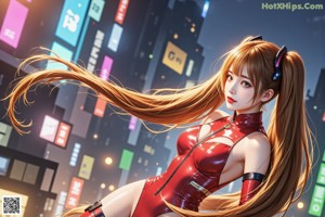 A woman in a red outfit is posing in the middle of a city.