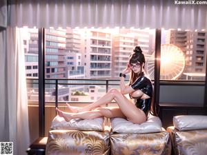 A woman in a black latex outfit is sitting on a bed.