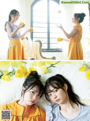 A couple of women sitting on top of a green couch.