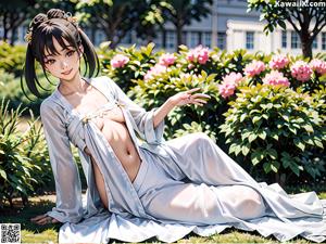 A woman in a kimono sitting on a bed.