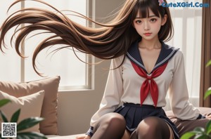 A woman in a school uniform sitting on a bed.