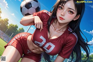 A woman in a red shirt and shorts standing on a soccer field.