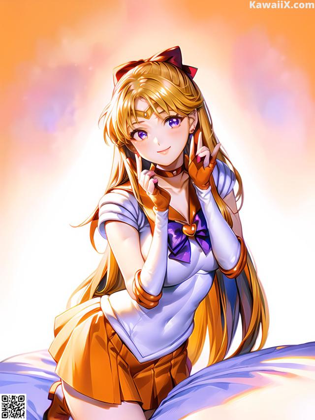 Anime girl with long blonde hair sitting on a bed.