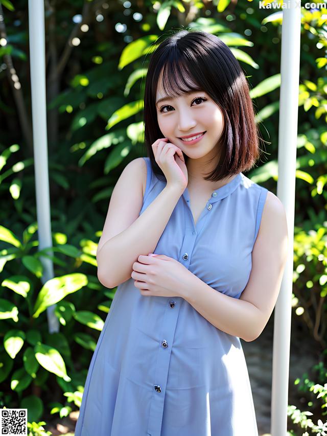 A woman in a blue dress posing for a picture.