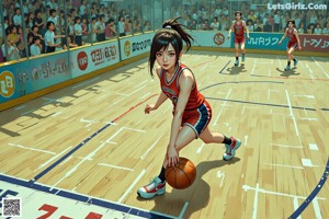 A woman in a blue and yellow uniform playing basketball.