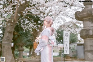 A woman in a kimono holding an umbrella in front of a tree.