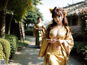 A woman in a kimono sitting on a bed.