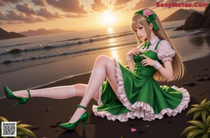 A woman in a green and white dress sitting on a bed.