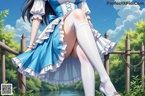 a woman in a blue and white dress posing for a picture