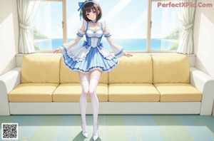 a woman in a blue and white dress and stockings