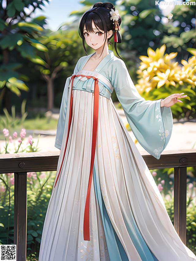 A woman in a blue and white dress standing on a wooden bridge.
