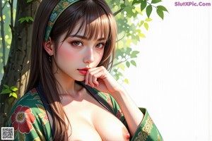 A woman in a kimono is posing naked in the woods.