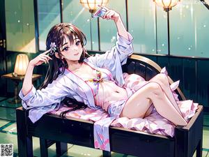 A woman in a purple kimono posing for a picture.