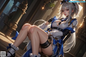 A woman with long white hair wearing a black and blue outfit.