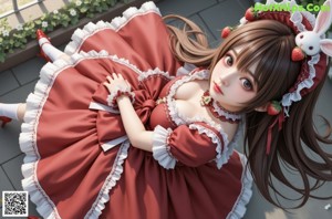 a woman in a red and white dress sitting on a bed