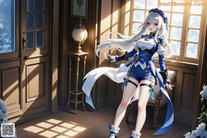 A woman in a white and blue outfit holding a fire.