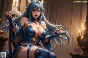 A woman in a white dress with blue hair and angel wings.