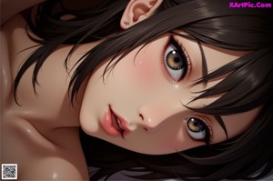 A woman in a black bikini sitting on a bed.