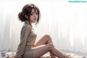 A woman sitting on top of a bed next to a window.