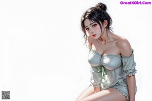 a woman sitting on top of a white couch