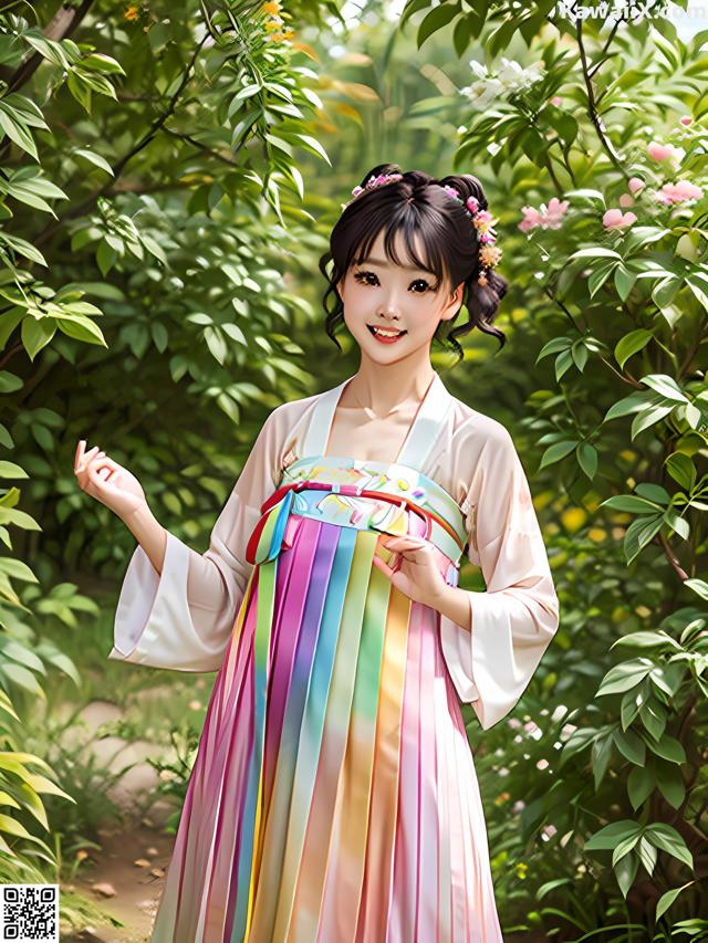 A woman in a colorful dress standing in a forest.