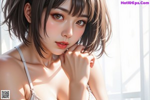 A woman in lingerie sitting on a bed.