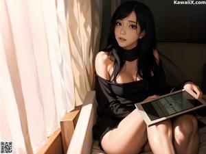 A woman in a white lingerie holding a tablet computer.