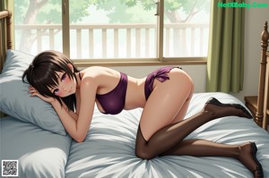Anime girl in a white bikini posing by a window.