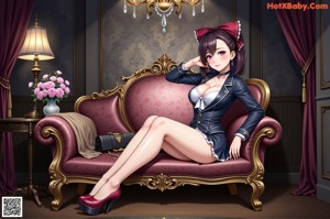 A woman sitting on a red couch in stockings and stockings.