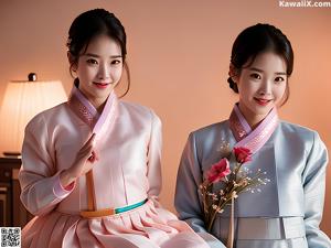 A woman in a pink and white hanbok poses for a picture.
