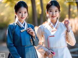 A woman in a blue and white hanbok is posing for a picture.