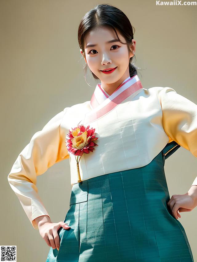 A woman in a green and white dress holding a flower.