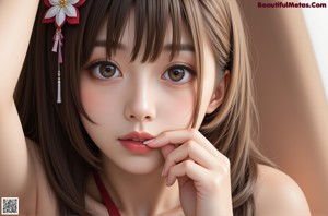 Anime girl in a school uniform sitting on a bed.