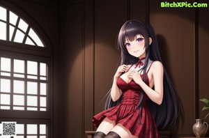 A woman sitting on a red chair in a room.