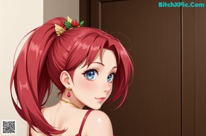 A naked anime girl with long black hair sitting on a bed.