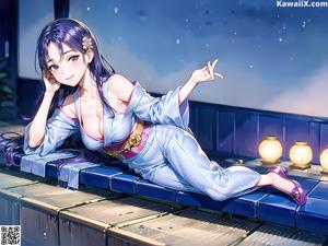 A woman in a kimono sitting on a bench holding an umbrella.