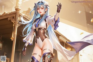 A woman with long blue hair is posing for a picture.