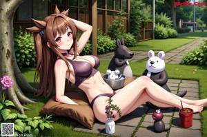 A naked anime girl with long brown hair and a white glove.